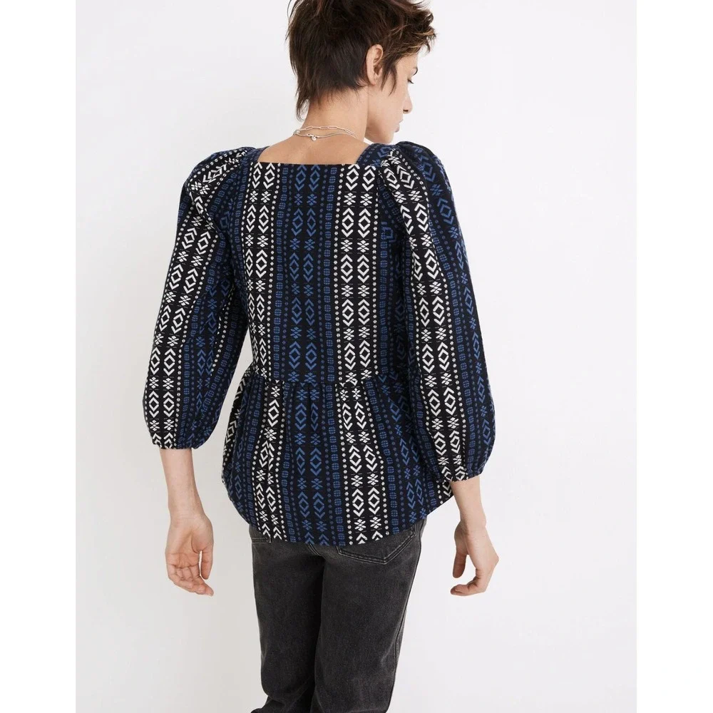 Madewell Lightspun Millbrook Puff Sleeve Peplum Top XL Blue Geo Square Neck